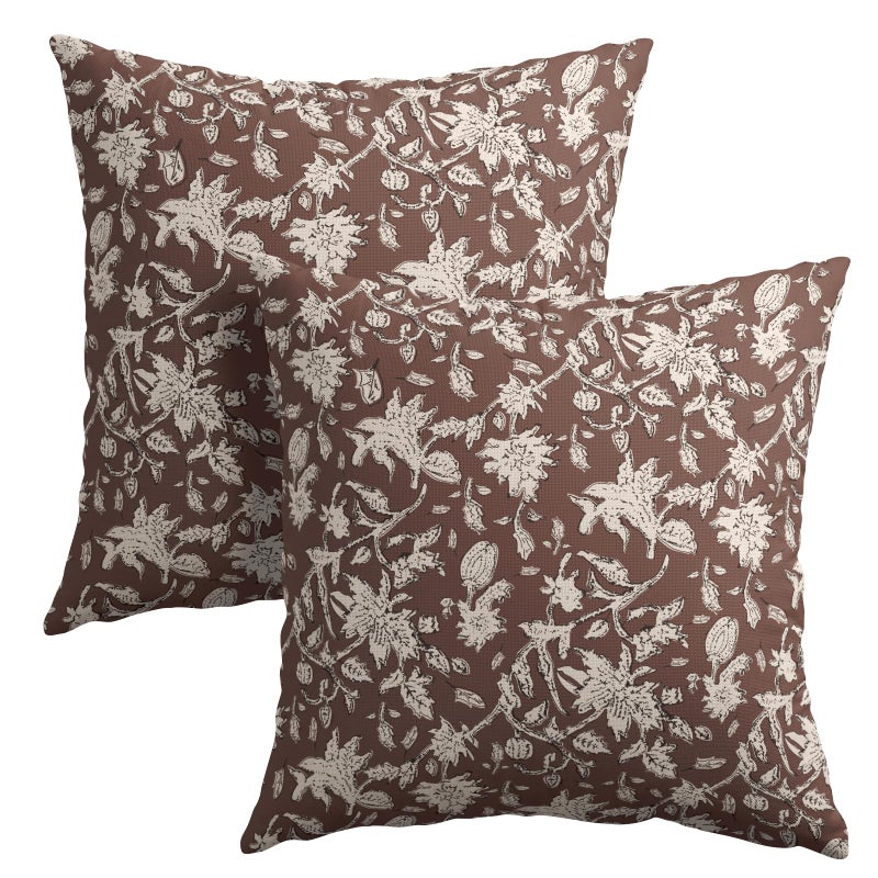Granbey Reddish Brown Floral Block Print Throw Pillow Covers 18x18 Inch Set of 2 Vintage Boho Cottage Spring Fall Decor Cushion Cover Neutral Accent Modern Pillowcase for Home Bedroom Sofa Couch - Image 1