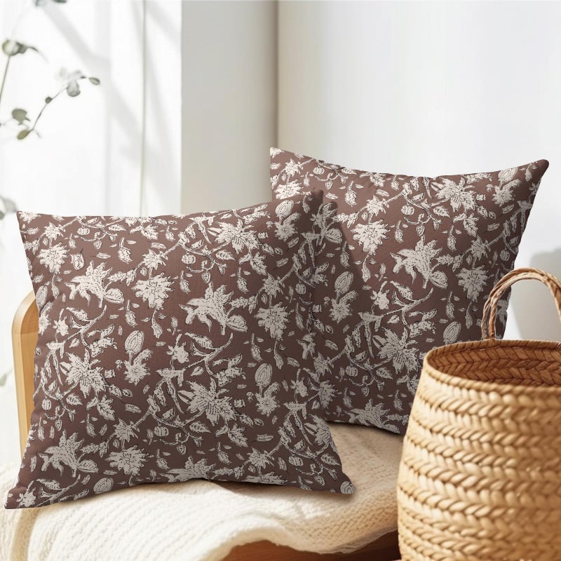 Granbey Reddish Brown Floral Block Print Throw Pillow Covers 18x18 Inch Set of 2 Vintage Boho Cottage Spring Fall Decor Cushion Cover Neutral Accent Modern Pillowcase for Home Bedroom Sofa Couch - Image 5