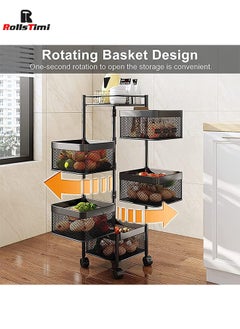 RollsTimi  5-Layer Kitchen Storage Shelf,Rotatable Kitchen Fruit Vegetable Storage Basket,Multi-Use Storage Rack Organizer with 4 Movable Wheels  - Image 5