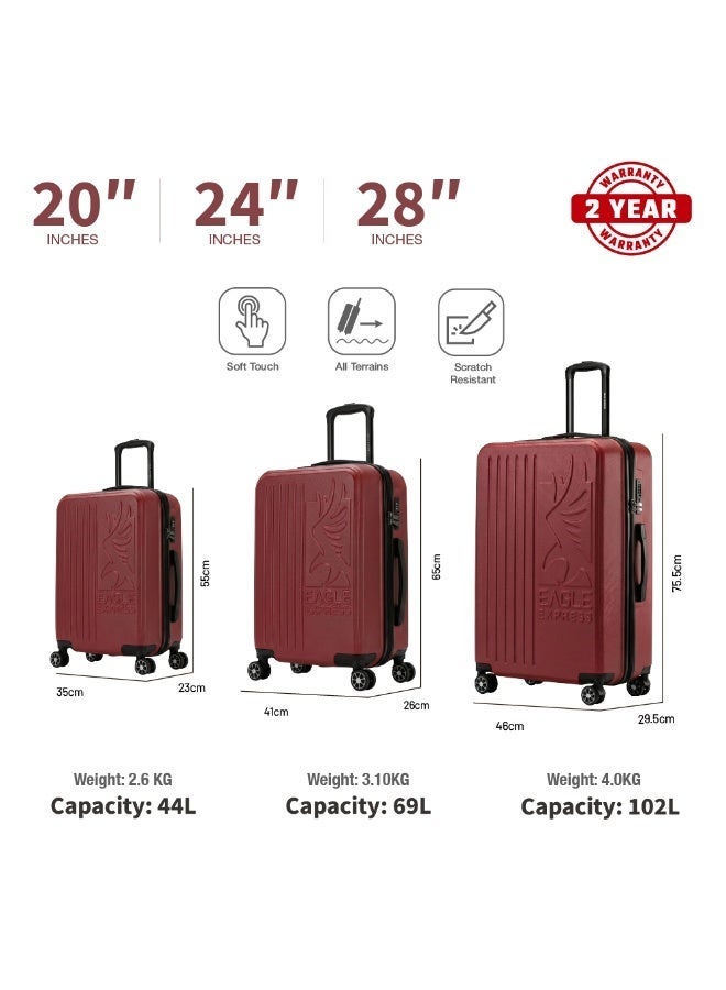 Eagle Express Superior 3 Piece Luggage Set 20/24/28 Inch Burgundy, ABS Hard Shell Trolley Suitcase Set with Lightweight Travel Design, Cabin & Check-In Luggage, 360 Spinner Wheels, Secure Lock System and 2 Year Warranty - Image 3
