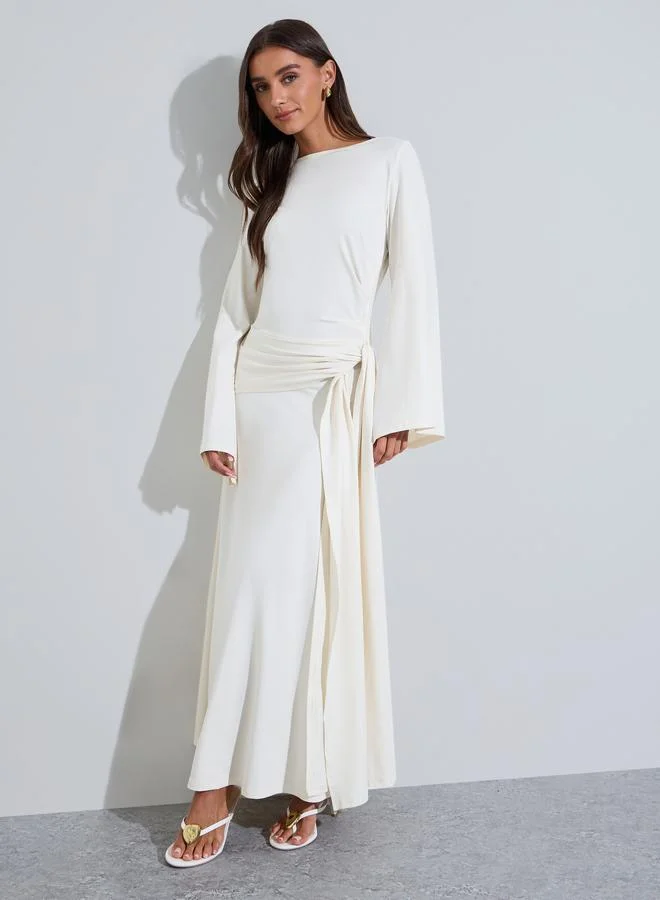 Styli beige Solid Long Bell Sleeves Waist Tie-Up A-Line Maxi Dress
