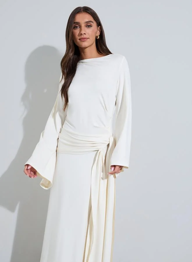 Styli beige Solid Long Bell Sleeves Waist Tie-Up A-Line Maxi Dress