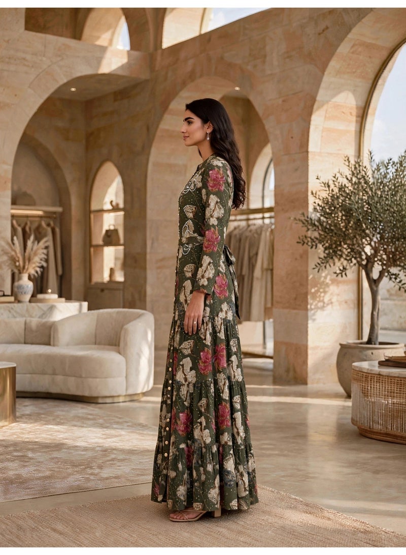 IKKXA Elegant Floral Tiered Maxi Dress IK27Green - Image 4