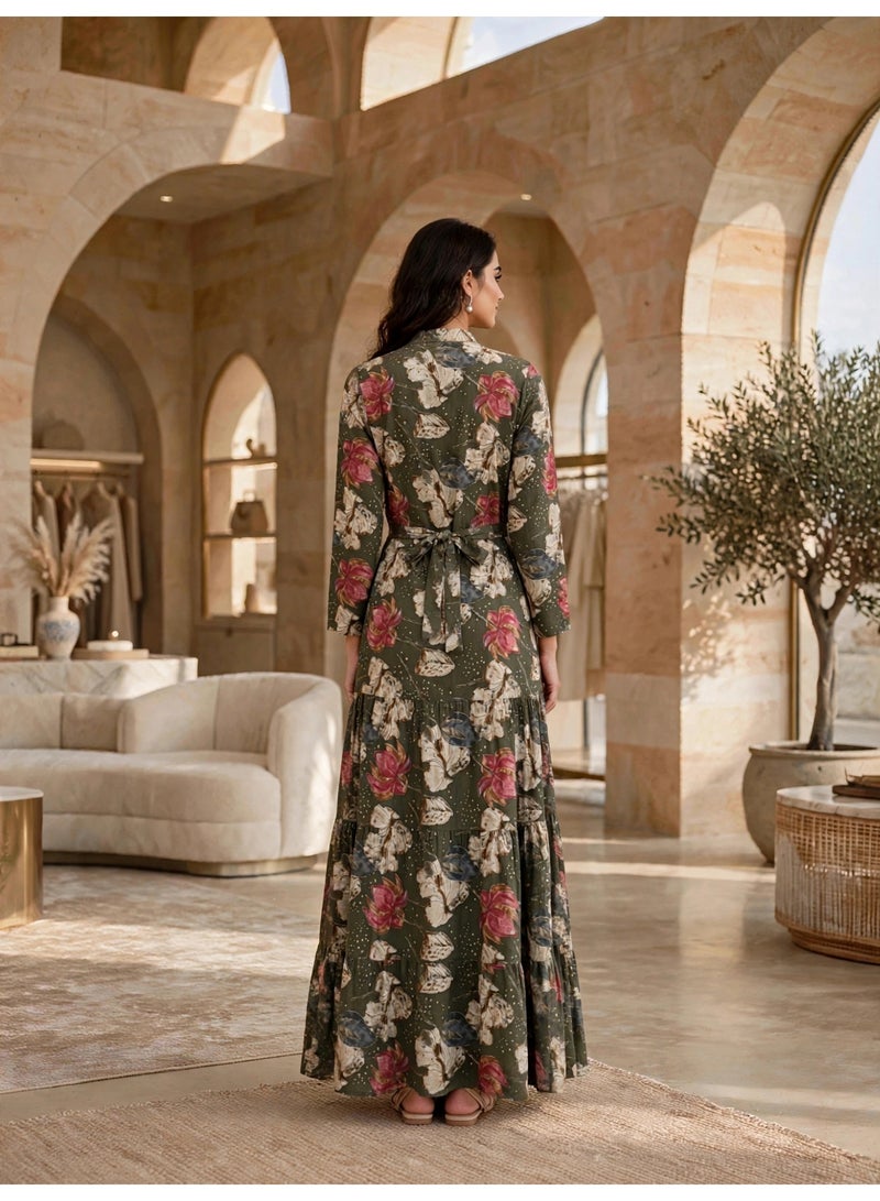 IKKXA Elegant Floral Tiered Maxi Dress IK27Green - Image 5