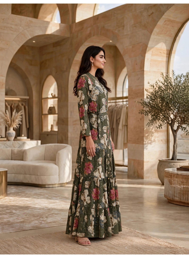 IKKXA Elegant Floral Tiered Maxi Dress IK27Green - Image 3