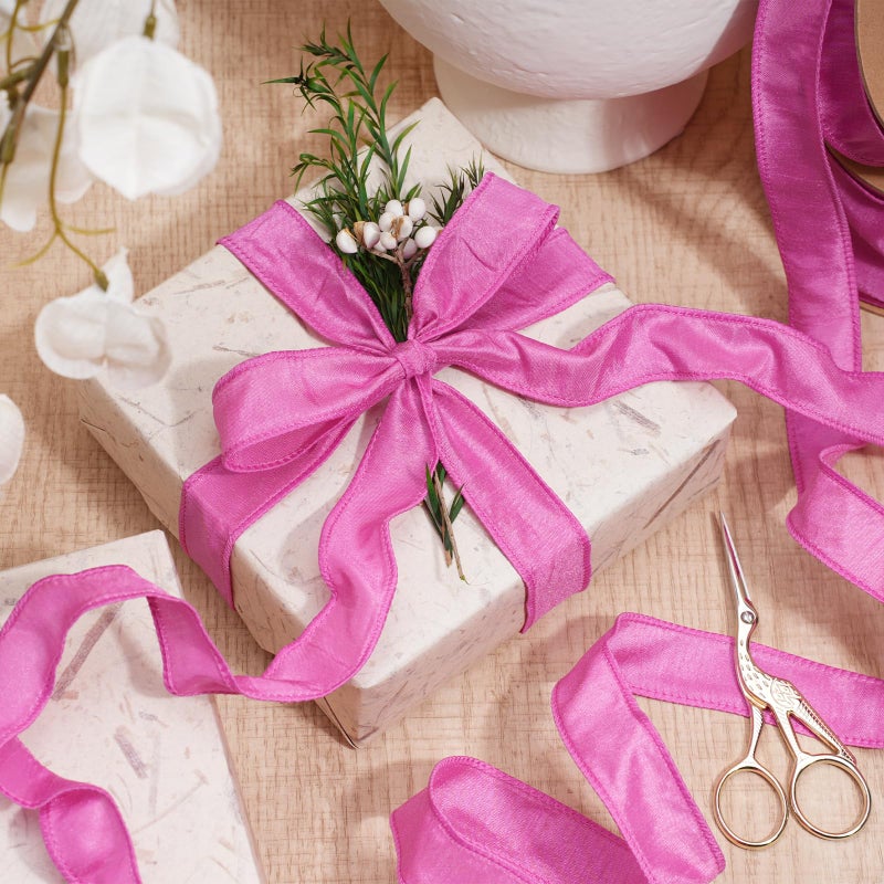 LaRibbons Hot Pink Ribbon Wired 1 Inch x 10 Yards Dupioni Spring Valentine's Day Ribbon with Wired Edge for Gift Wrapping, Floral Arrangements, Wreaths, Bows and DIY Decorations - Image 2