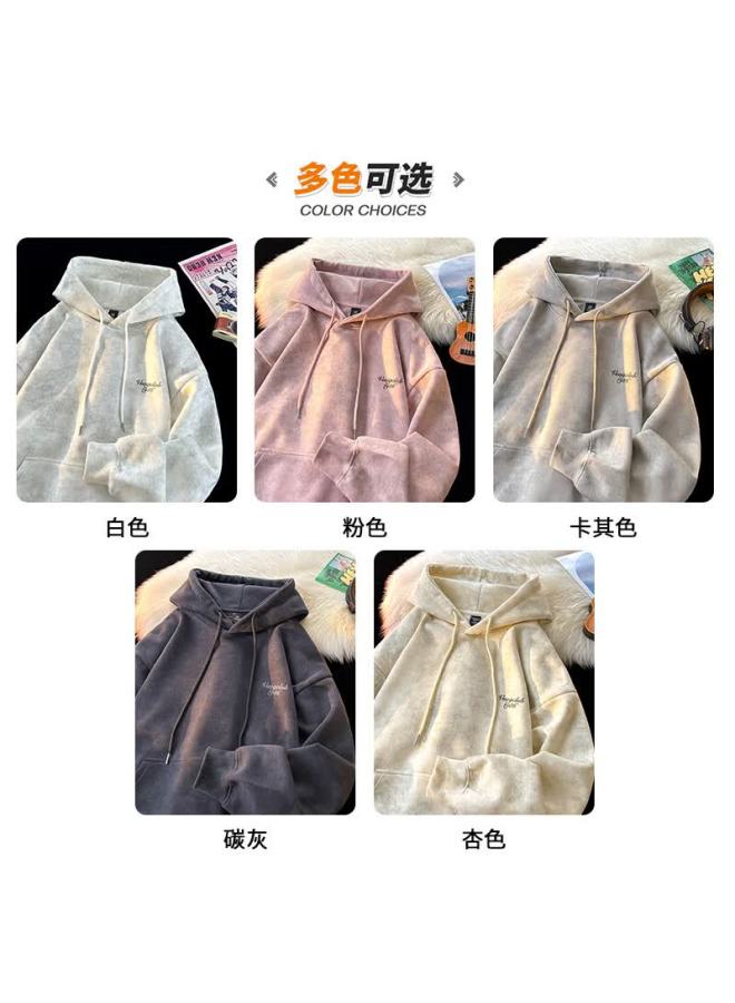 Vuug American Vintage Tie-dye Autumn Winter Loose Fit Couple Hooded Fleece-lined Sweatshirt Men 3XL White Fleece-lined - Image 3