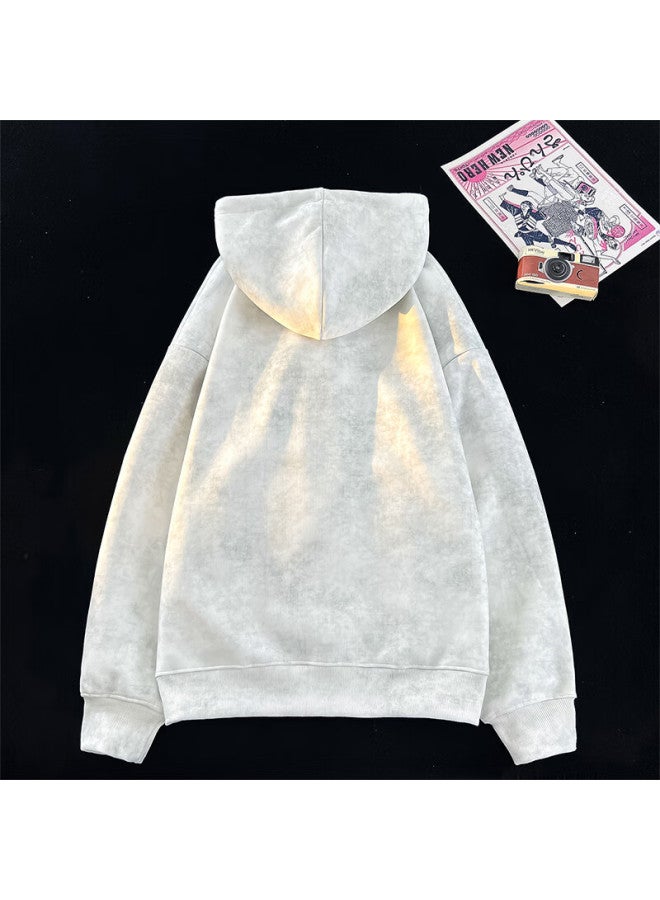 Vuug American Vintage Tie-dye Autumn Winter Loose Fit Couple Hooded Fleece-lined Sweatshirt Men 3XL White Fleece-lined - Image 2