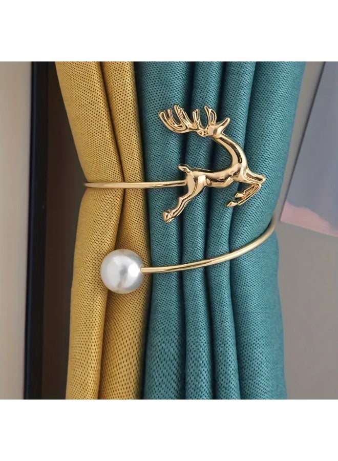 Goolsky 1pc Glam Style Reindeer Curtain Holdback, Elegant Metal Drapery Tiebacks with Pearl Detail, No-Drill Window Treatment Holder - Image 1