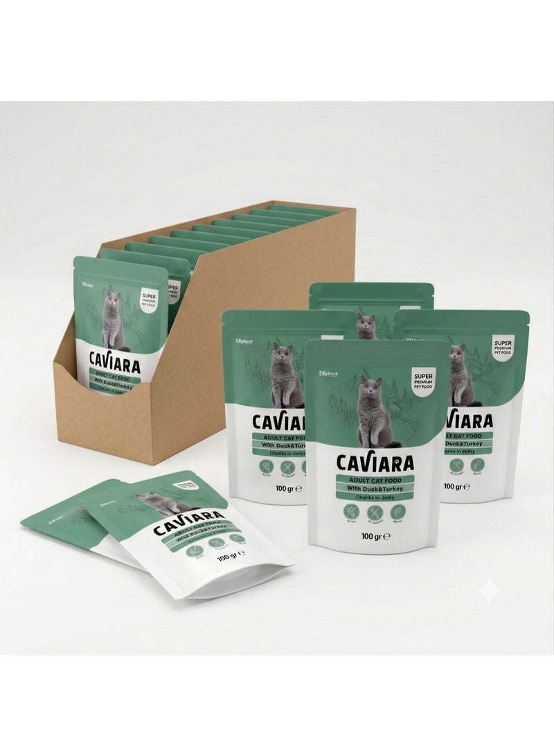 Caviara Pouch for Adult Cats with  Duck&Turkey  Chunks in Jelly 20 x 100gr
