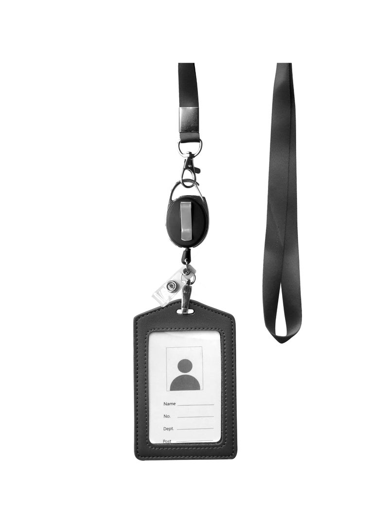 لياكم حامل بطاقات هوية عمودي متين، حافظة بطاقات هوية + حبل تعليق متين (أسود) + حامل شارات بحلقة تثبيت قابلة للسحب ومشبك بلاستيكي (جلد طبيعي) - Image 1