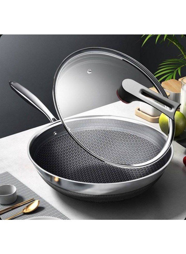 32cm Stainless Steel Wok frying pan with Pyrex lid and handle - Image 2