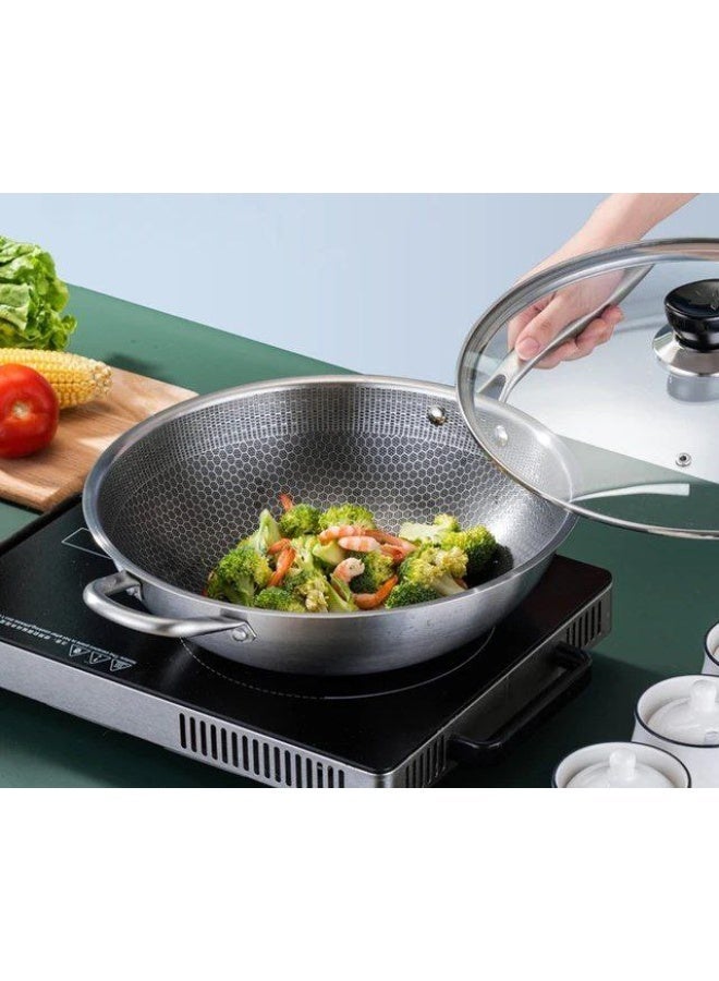 32cm Stainless Steel Wok frying pan with Pyrex lid and handle - Image 3