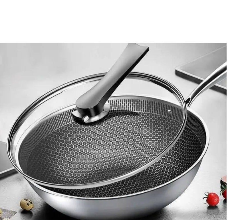 32cm Stainless Steel Wok frying pan with Pyrex lid and handle - Image 1