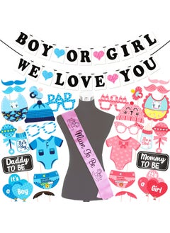 WOBBOX WOBBOX Baby Shower Combo of Party Props 28 Pcs with Blue & Pink Heart Boy Or Girl We Love You Bunting Banner, with Mum to be Light Pink Sash Baby Shower Decoration Item (Pack of 3)  - Image 1