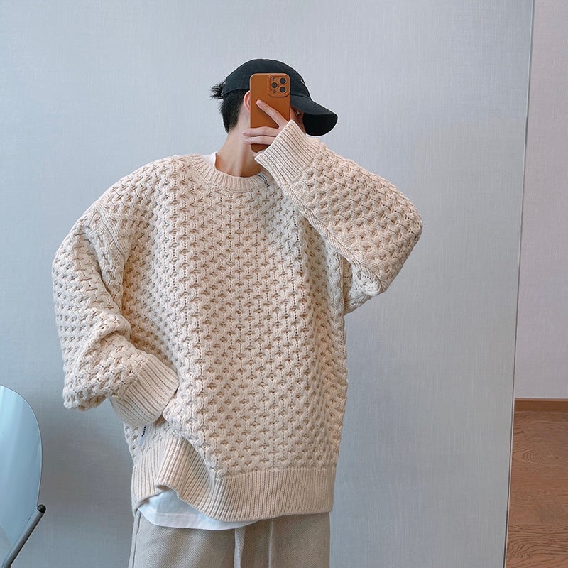 Japanese Twist Knit Sweater Mens Vintage Winter Beige 