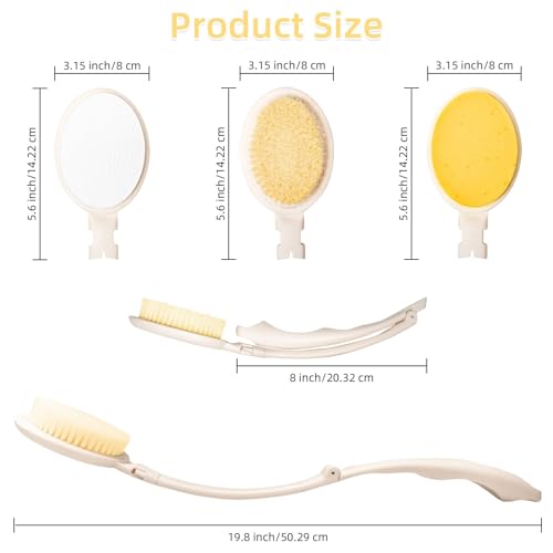 LFJ 19" Long Handle Shower Sponge Brush Set, 3 in 1 Body Brush, Bath Sponge and Lotion Applicator Improved Skin Health, Suitable for Men and Women (White Brush-1P) - Image 3