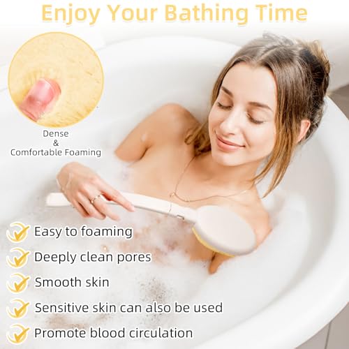 LFJ 19" Long Handle Shower Sponge Brush Set, 3 in 1 Body Brush, Bath Sponge and Lotion Applicator Improved Skin Health, Suitable for Men and Women (White Brush-1P) - Image 5