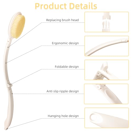 LFJ 19" Long Handle Shower Sponge Brush Set, 3 in 1 Body Brush, Bath Sponge and Lotion Applicator Improved Skin Health, Suitable for Men and Women (White Brush-1P) - Image 4