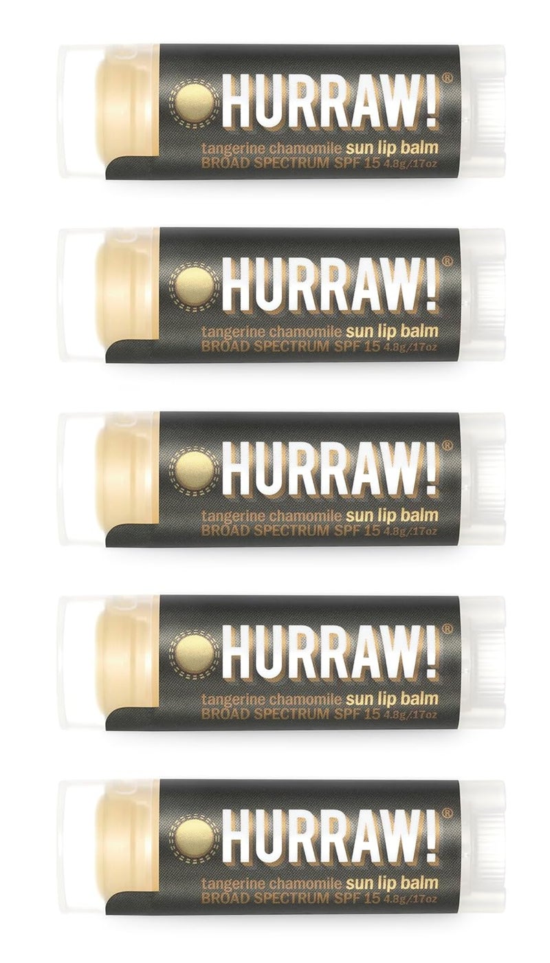 Hurraw! Sun Lip Balm (Zinc Oxide Protection, Broad Spectrum SPF 15, Tangerine, Chamomile), 5 Pack: Organic, Certified Vegan, Gluten Free. Non-GMO, All-Natural. Bee, Shea, Soy & Palm Free. Made in USA