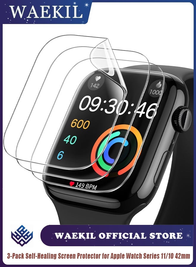 وايكيل مجموعة من 3 واقيات شاشة ذاتية الشفاء لساعة Apple Watch Series 11/10 مقاس 42 مم، غشاء مرن من مادة TPU عالي الوضوح ومضاد للخدش وخالٍ من الفقاعات وتغطية كاملة مع مجموعة تركيب سهلة - Image 1