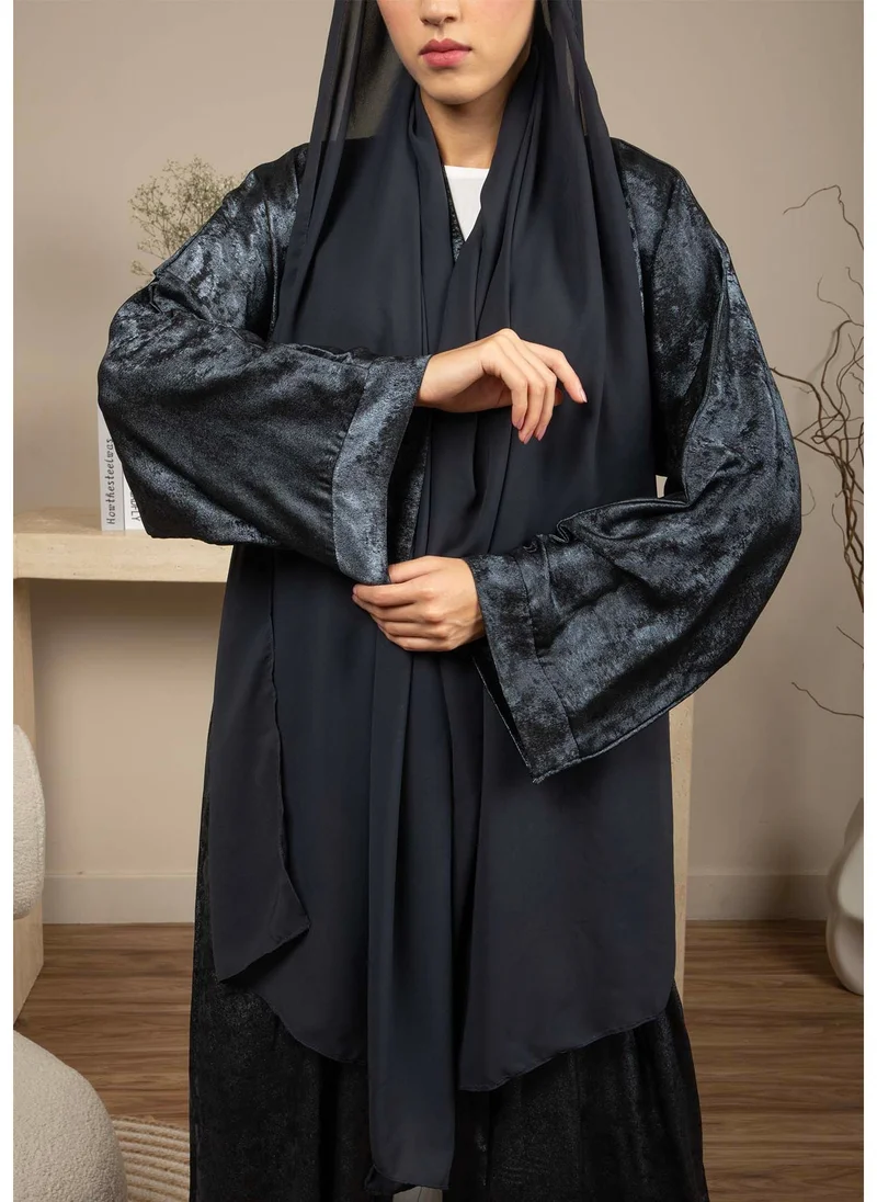 MSquare Fashion Front Open  Double Shade Navy Silk Abaya with Headscarf