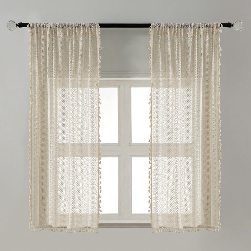 WAZZIO Beige Boho Lace Cafe Curtains 36 Inch - Cotton Blend Tier Sheer Panels with Tassel Trim, Light Filtering Semi Sheer for Kitchen Bathroom Windows (Set of 2, W26 xL36) - Image 3