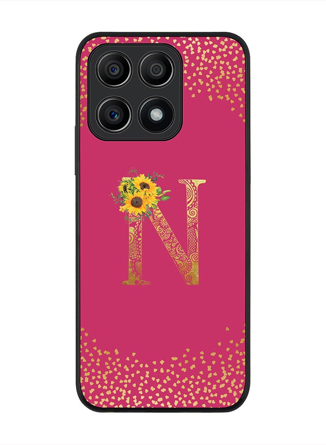Stylizedd Rugged Black edge case for Honor X8A 4G, Slim fit Rubber Edges  -  Custom Monogram Initial Letter Mandala Floral Pattern Alphabet- N  (Dark Pink Rose ) - Image 1