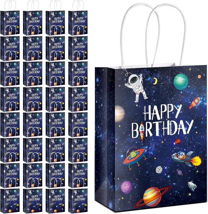 Outus 32 Pack Outer Birthday Space Party Favors Space Goody Bags with Handles Galaxy Gift Bags Kraft Paper Planet Goodie Treat Astronaut Present for Boys Girls Theme Party - Image 1