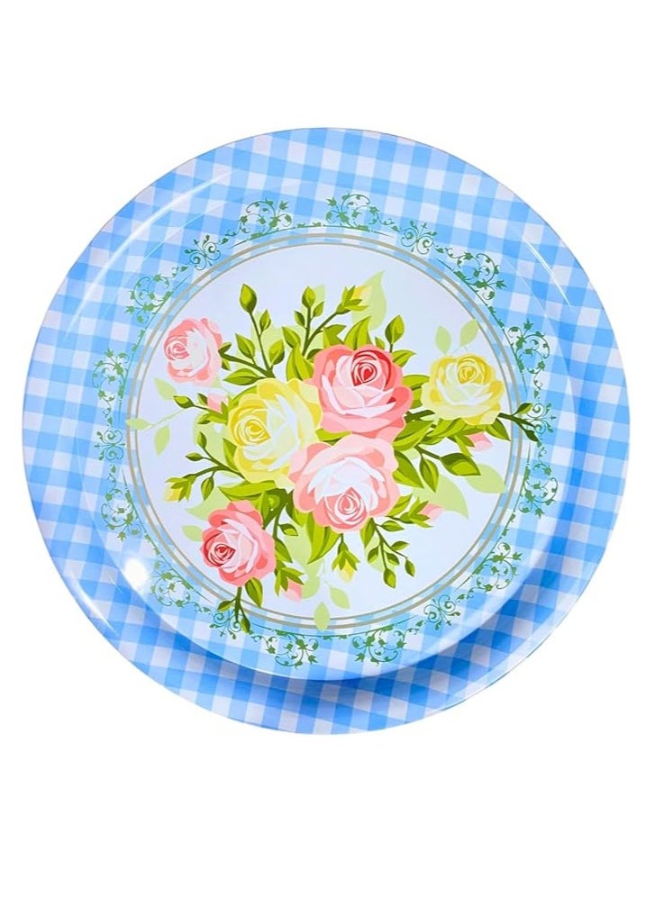 Generic - Sturdy Metal Round Serving Tray, 40cm, Elegant Multipurpose Tray for Home, Kitchen or Gifts, Elegant Multipurpose Round Tray for Serving, Organizing and Decorating (Light Blue Flowers) - Image 1