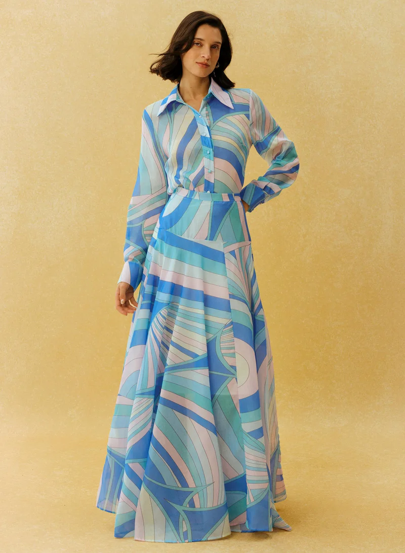 Sunfere  Chill Vibes Blue Abstract Print Shirt & Skirt Set for Women | Best Price UAE
