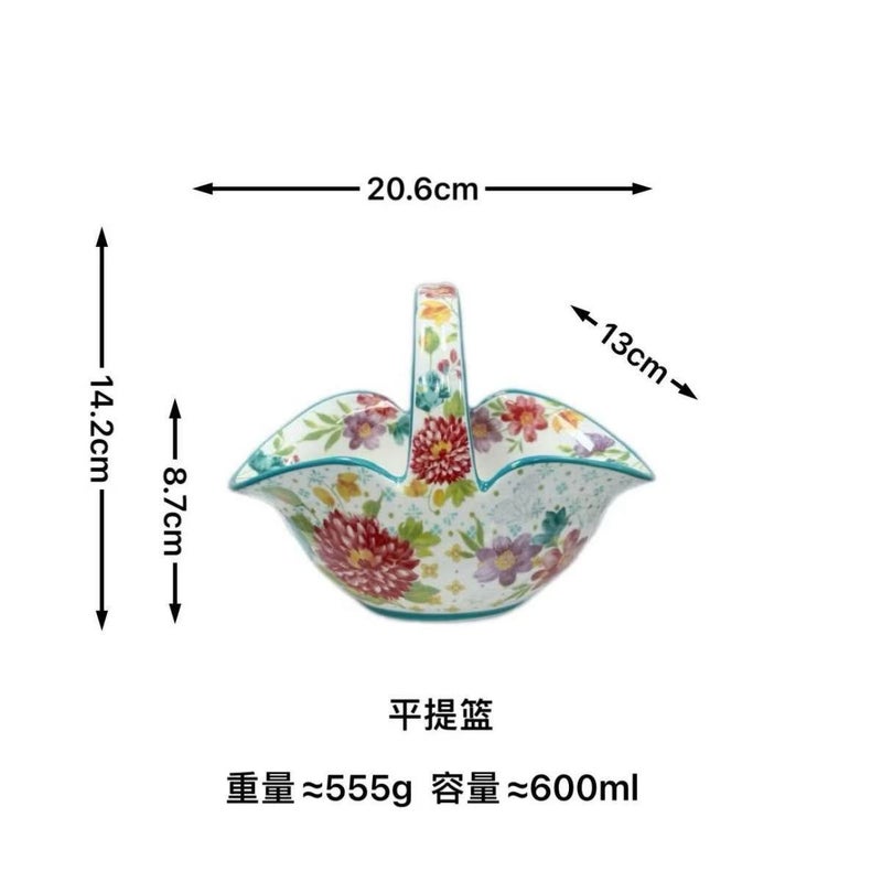 Pioneer Woman Ceramic Fruit Basket with Handle - Hand-Painted Polish Glaze Decorative Bowl