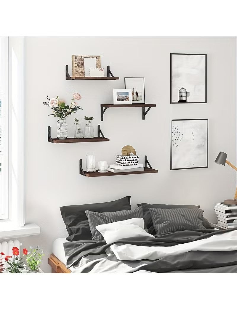 Beauenty 4pcs Rustic Wood Floating Shelves, Wall Mounted Storage Rack, Photo & Vase Display Shelf, Wall Decor, Home Decor, Aesthetics Room Decor, Storage & Organization For Bathroom, Bedroom, Living Room - Image 3