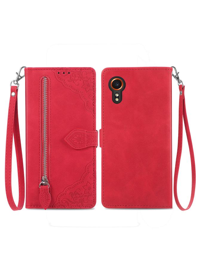 اس-توب جراب لهاتف Samsung Galaxy XCover 7، جراب هاتف جلدي بسحاب منقوش عليه زهور - Image 1