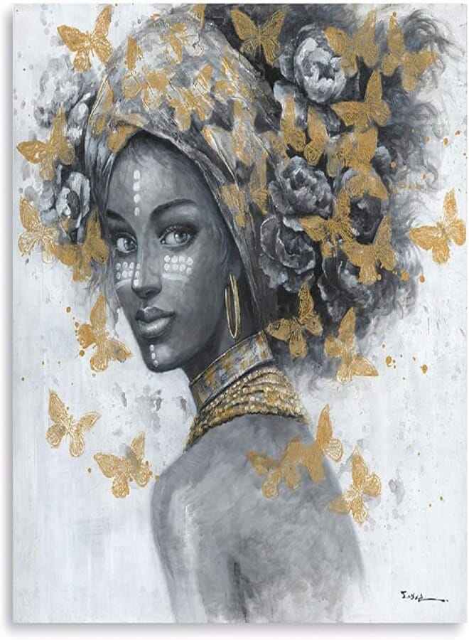 ATELIYISHU Black Women Art African American Wall Art for Bedroom Black Woman Portrait With Earrings Portrait Picture Golden Butterfly Black And White Canvas Print 12"X12" 