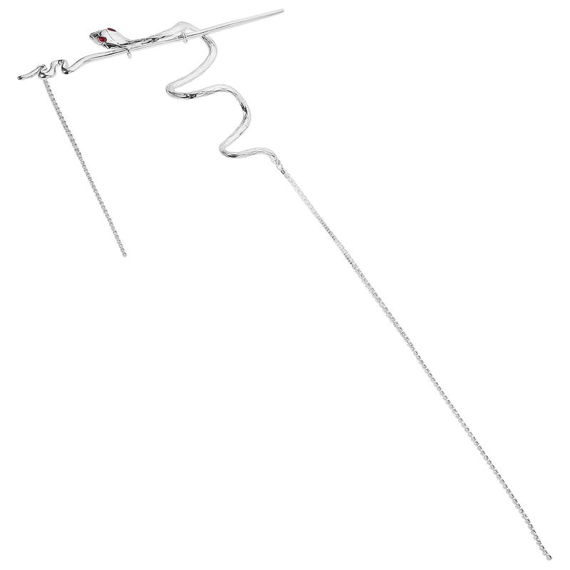 Silver Snake Hair Stick with Tassel Long Hair Bun Stick for Women with Gradient Rhinestones for Buns - Image 1
