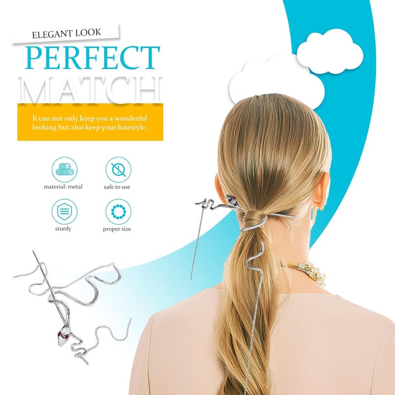 Silver Snake Hair Stick with Tassel Long Hair Bun Stick for Women with Gradient Rhinestones for Buns - Image 3
