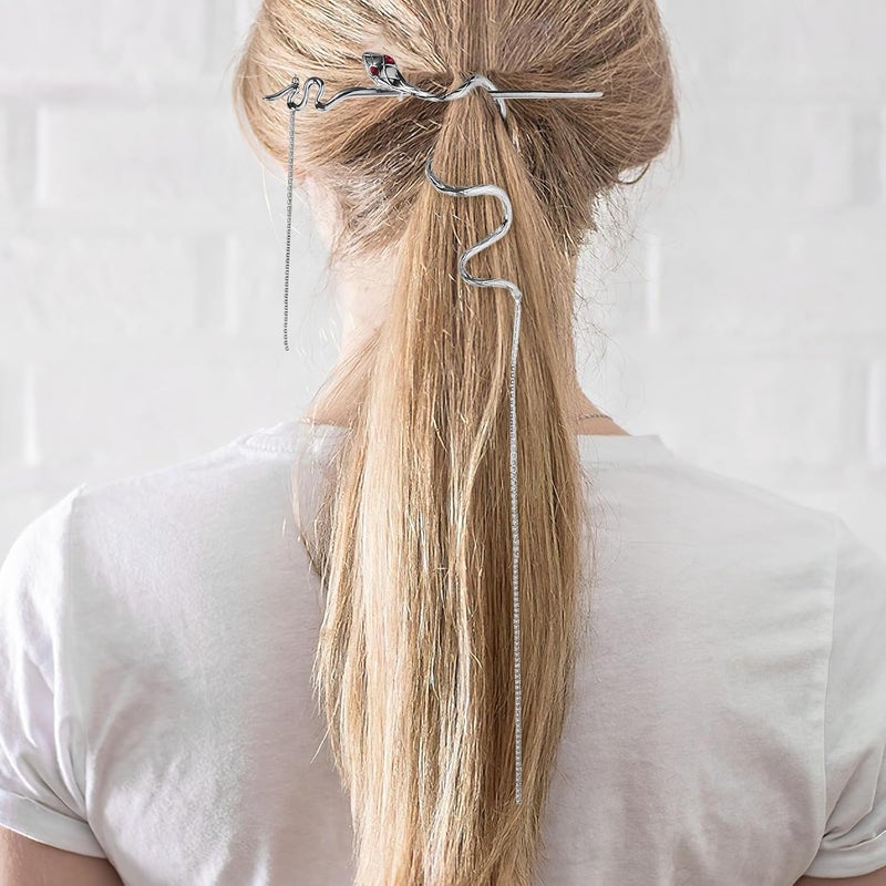Silver Snake Hair Stick with Tassel Long Hair Bun Stick for Women with Gradient Rhinestones for Buns - Image 4