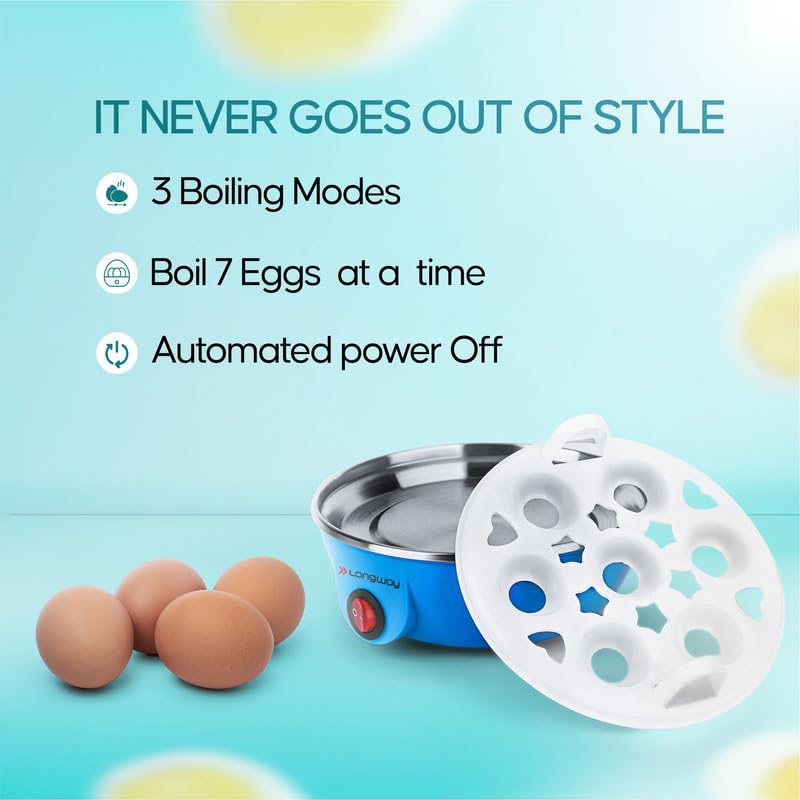 Longway Eggo 350 Watt Egg BoilerCooker for Steaming Cooking Boiling Blue 7 Eggs - Image 2