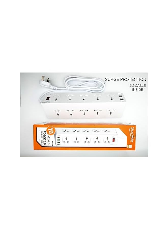 Desert Horizon Desert Horizon Power Strip Extension cord, Universal electrical sockets 10 AC Outlets, 5 USB + 1 TYPE-C Ports with 32W Total Power, Surge protector, Heavy duty, 2M Cord, White  - Image 5