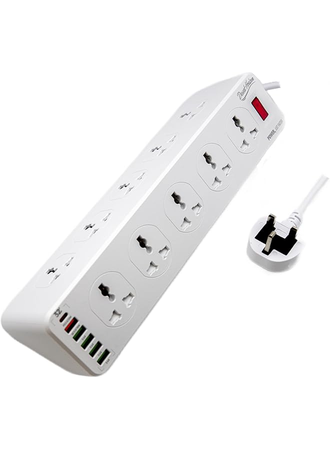 Desert Horizon Power Strip Extension cord, Universal electrical sockets 10 AC Outlets, 5 USB + 1 TYPE-C Ports with 32W Total Power, Surge protector, Heavy duty, 2M Cord, White