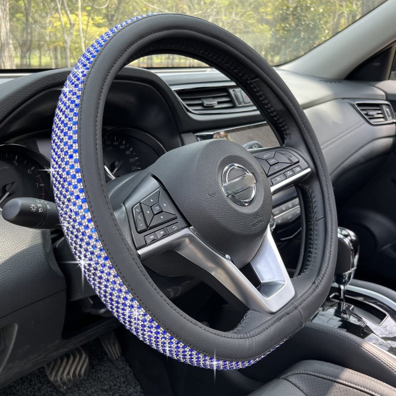 PINCTROT D Shaped Bling Comfy Steering Wheel Cover with Jumbo Crystal Rhinestones AntiSlip Diamond Leather Flat Bottom 14515 Inch Blue