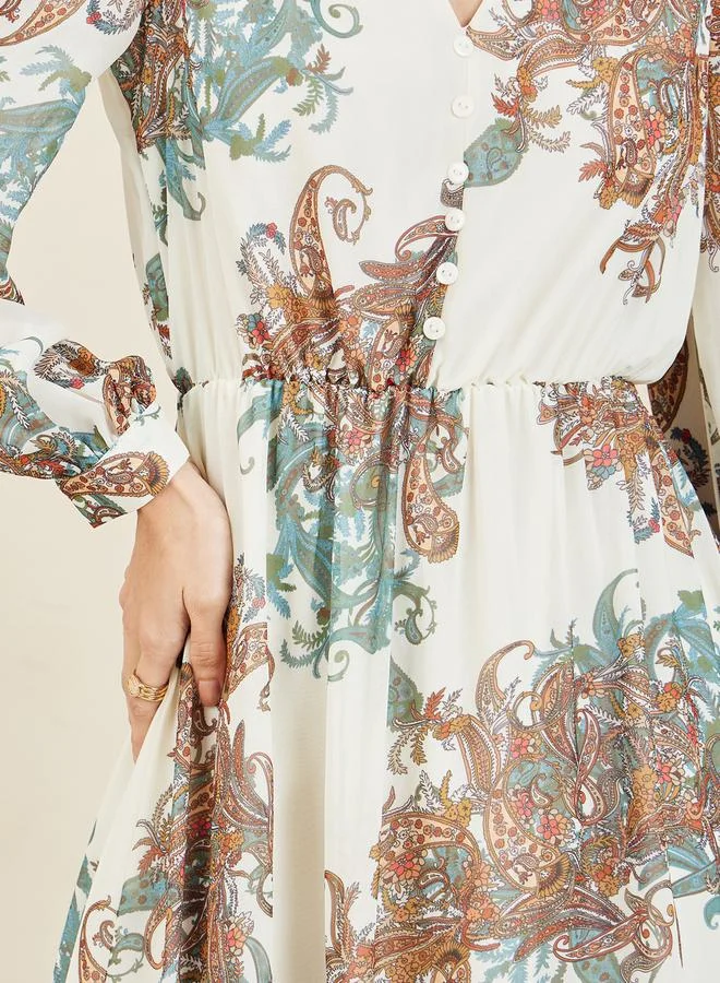 Styli Paisley Print Gathered Detail A-Line Maxi Dress