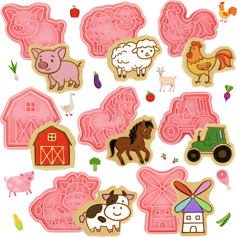 Cunhill 8 Pcs Farm Animal Cookie Cutters with Plunger Stamps Set 3D Pig Chicken Sheep Cow Horse Truck Stamp and Cutter Funny Cartoon Farm Theme Biscuit Baking Mold for Treats DIY Cookie Cake Supplies