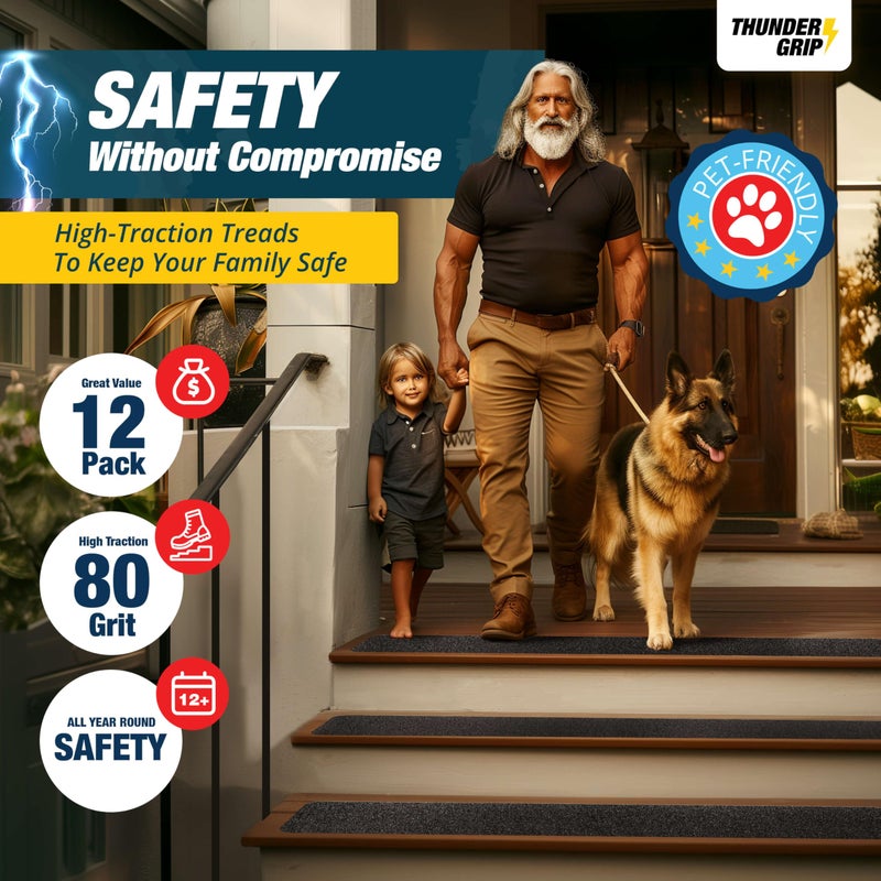THUNDER GRIP Outdoor Stair Treads Non Slip 30" x 6" - 12-Pack Weather Resistant Exterior Grip Tape for Wooden Steps - Non Slip Stair Treads - Anti Skid Strips - Waterproof 80-Grit Adhesive Treads - Image 2