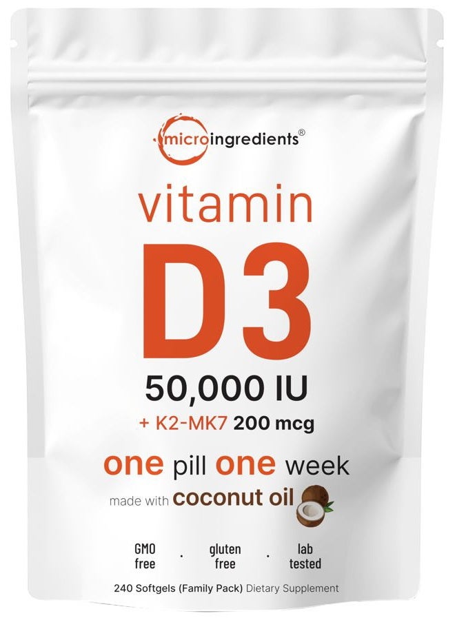 Micro Ingredients Vitamin D3 50,000 IU Plus K2 (MK-7) 200 mcg, 240 Virgin Coconut Oil Softgels | 2 in 1 Vitamins D & K Complex | Supports Calcium Absorption, Bone, Immune, & Heart Health - Image 1