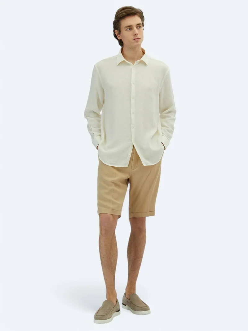 Kip White Plain Oversize Fit Long Weaving Casual Cotton Blended Shirt