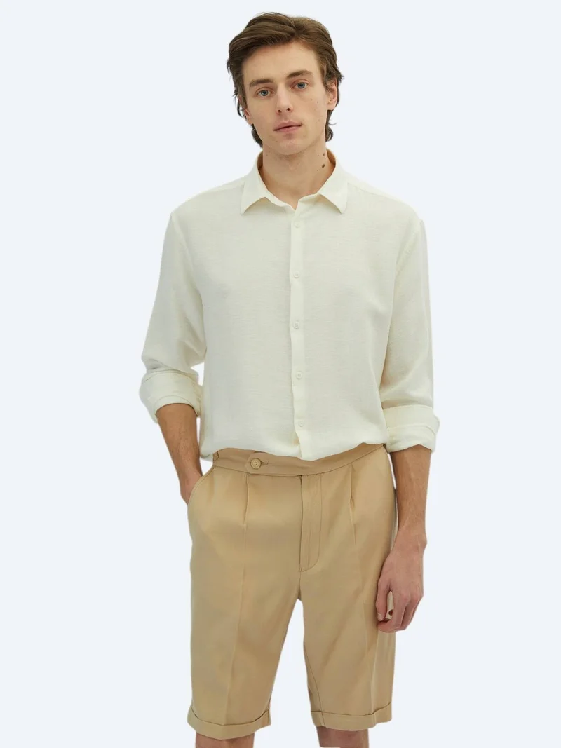 Kip White Plain Oversize Fit Long Weaving Casual Cotton Blended Shirt