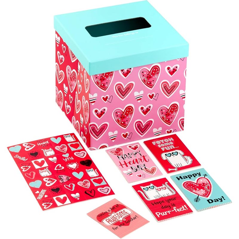 Hallmark Valentines Day Cards for Kids and Mailbox for Classroom Exchange, Doodle Hearts (1 Box, 32 Valentine Cards, 35 Stickers, 1 Teacher Card) (5VBX1030) - Image 1