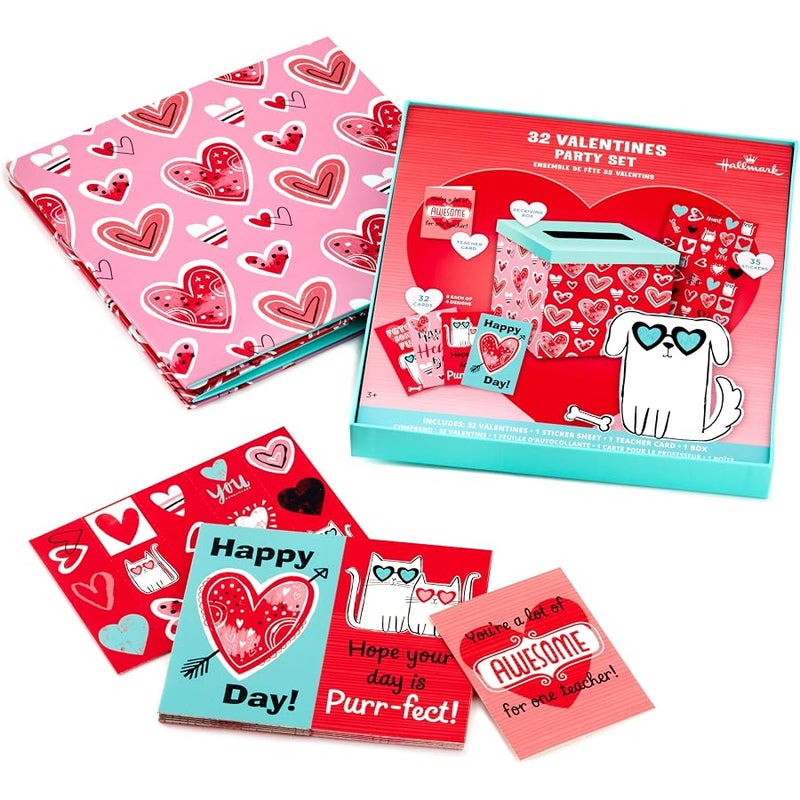 Hallmark Valentines Day Cards for Kids and Mailbox for Classroom Exchange, Doodle Hearts (1 Box, 32 Valentine Cards, 35 Stickers, 1 Teacher Card) (5VBX1030) - Image 3